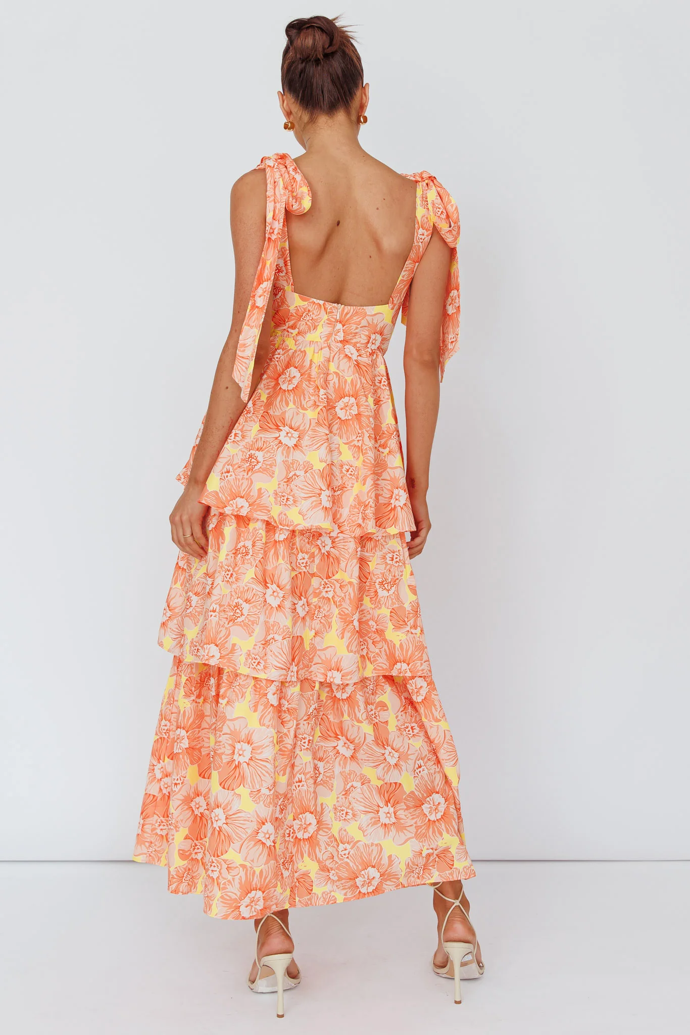 Arlowe Tied Shoulder Tiered Midi Dress Floral Orange - Image 3