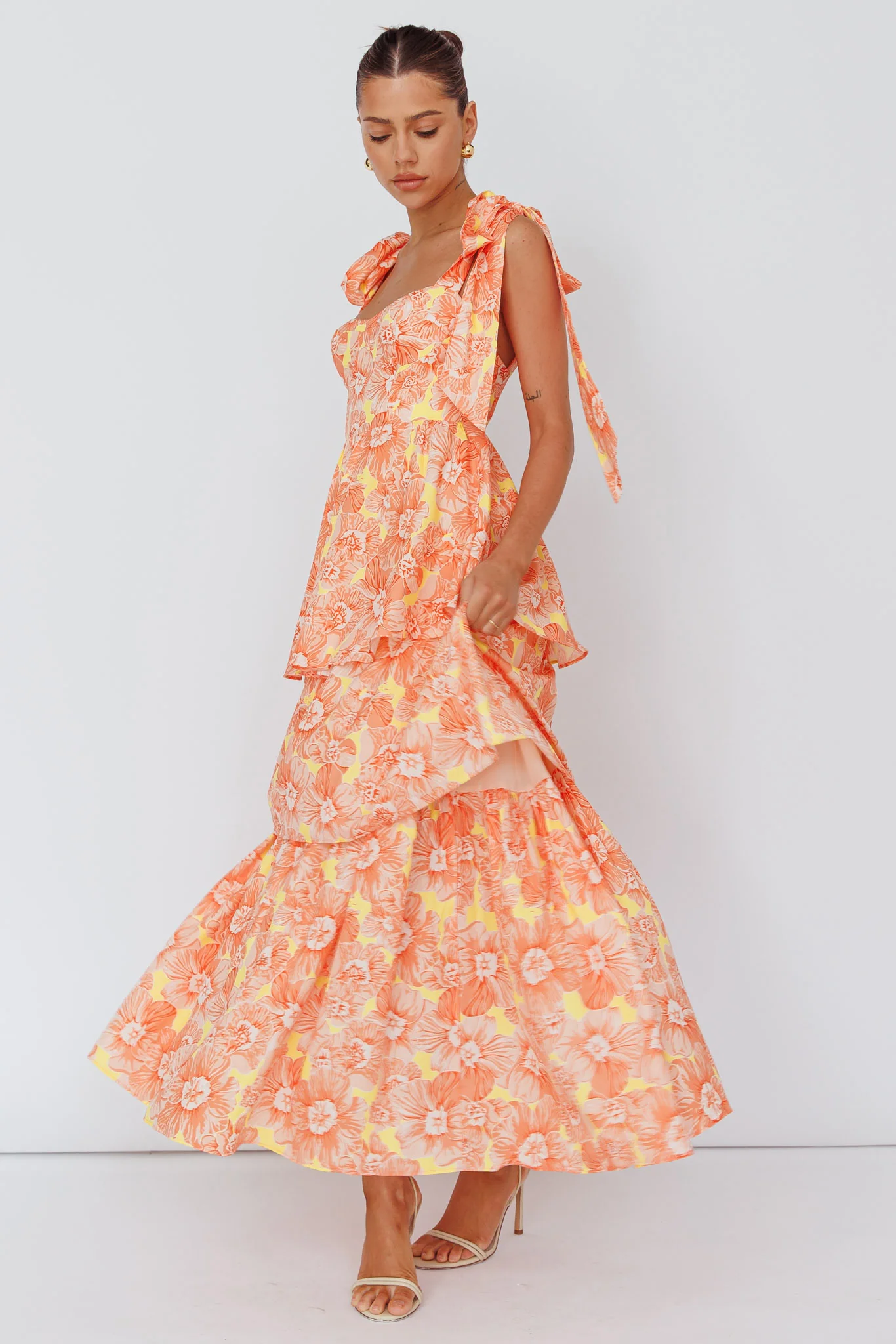 Arlowe Tied Shoulder Tiered Midi Dress Floral Orange - Image 4