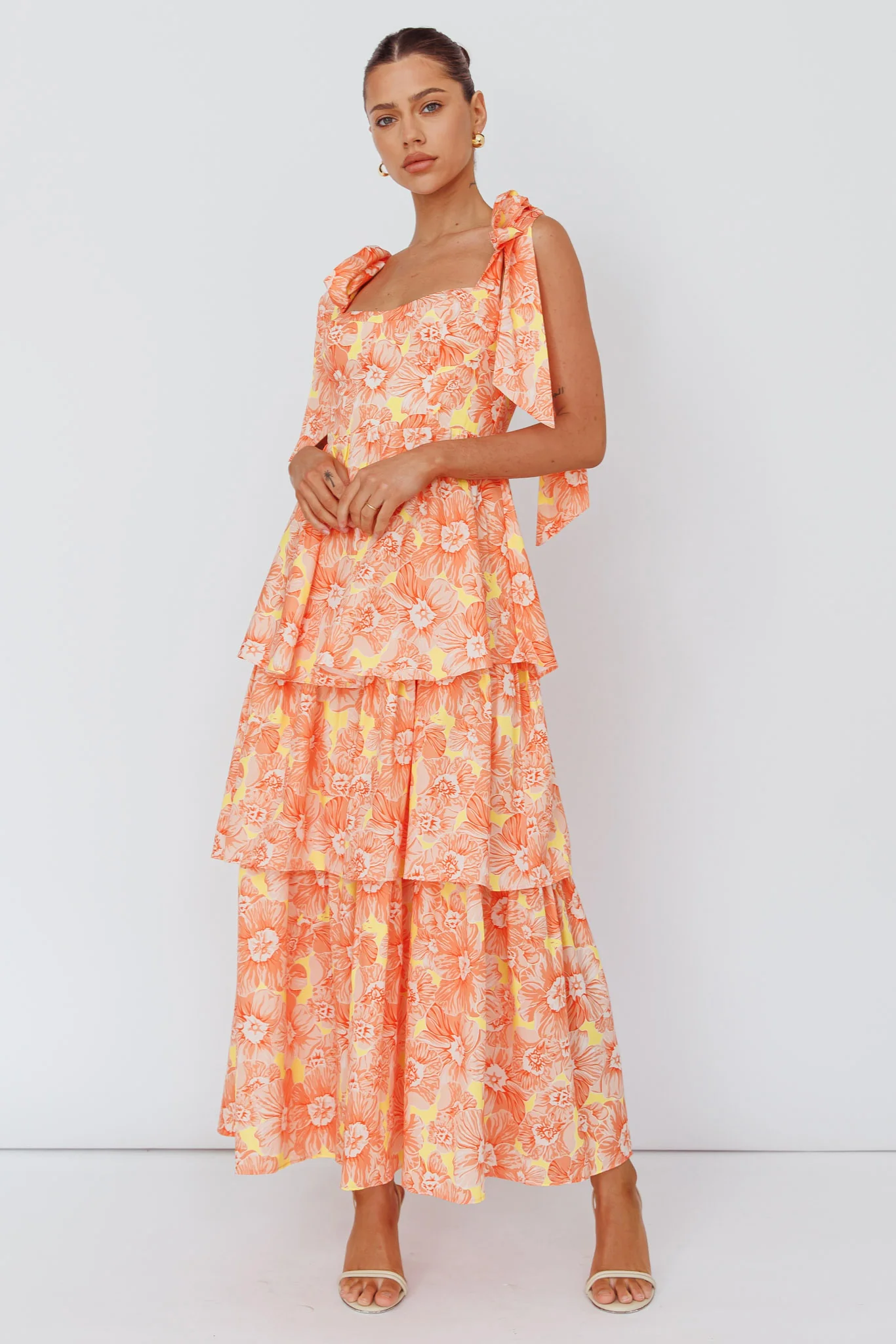 Arlowe Tied Shoulder Tiered Midi Dress Floral Orange - Image 6