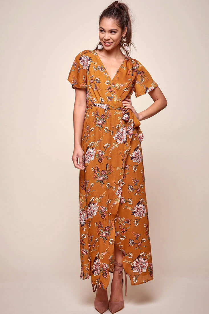 Cheri Floral Wrap Maxi Dress Mustard - Image 3