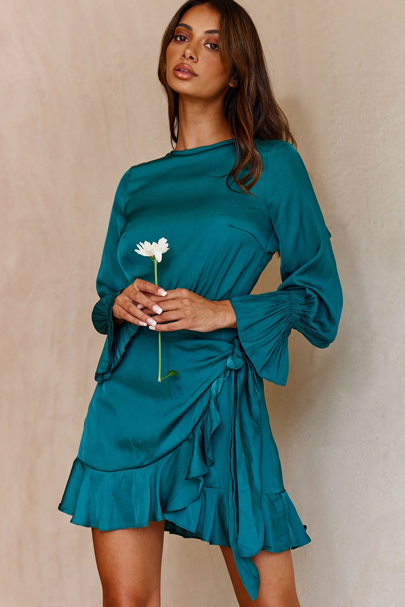 Darla Long Sleeve Satin Dress Forest Green - Image 12