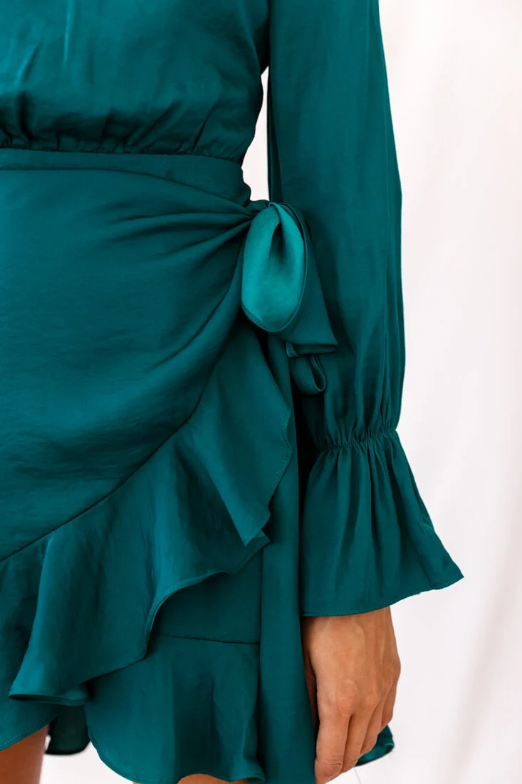Darla Long Sleeve Satin Dress Forest Green - Image 4