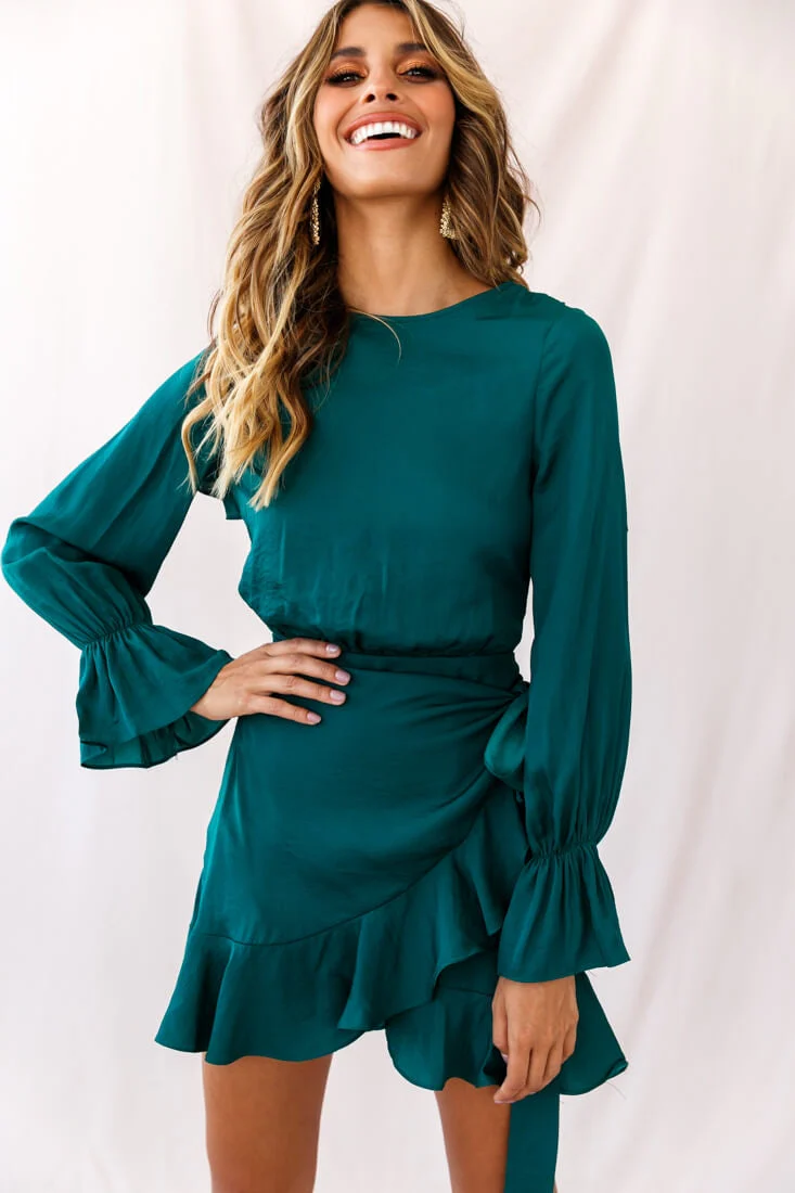Darla Long Sleeve Satin Dress Forest Green - Image 5