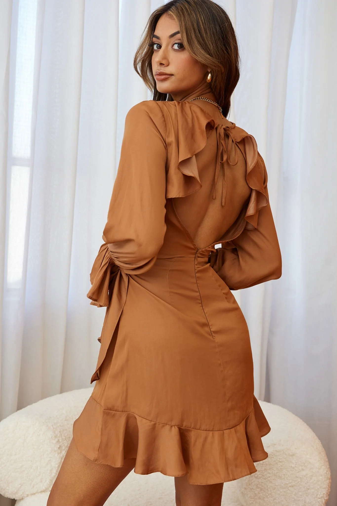 Darla Long Sleeve Satin Dress Tan - Image 11