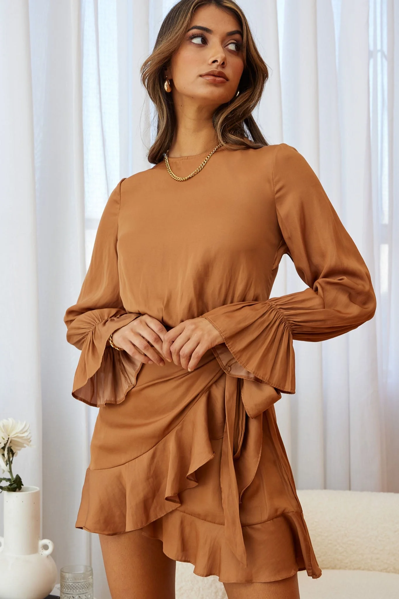 Darla Long Sleeve Satin Dress Tan - Image 13