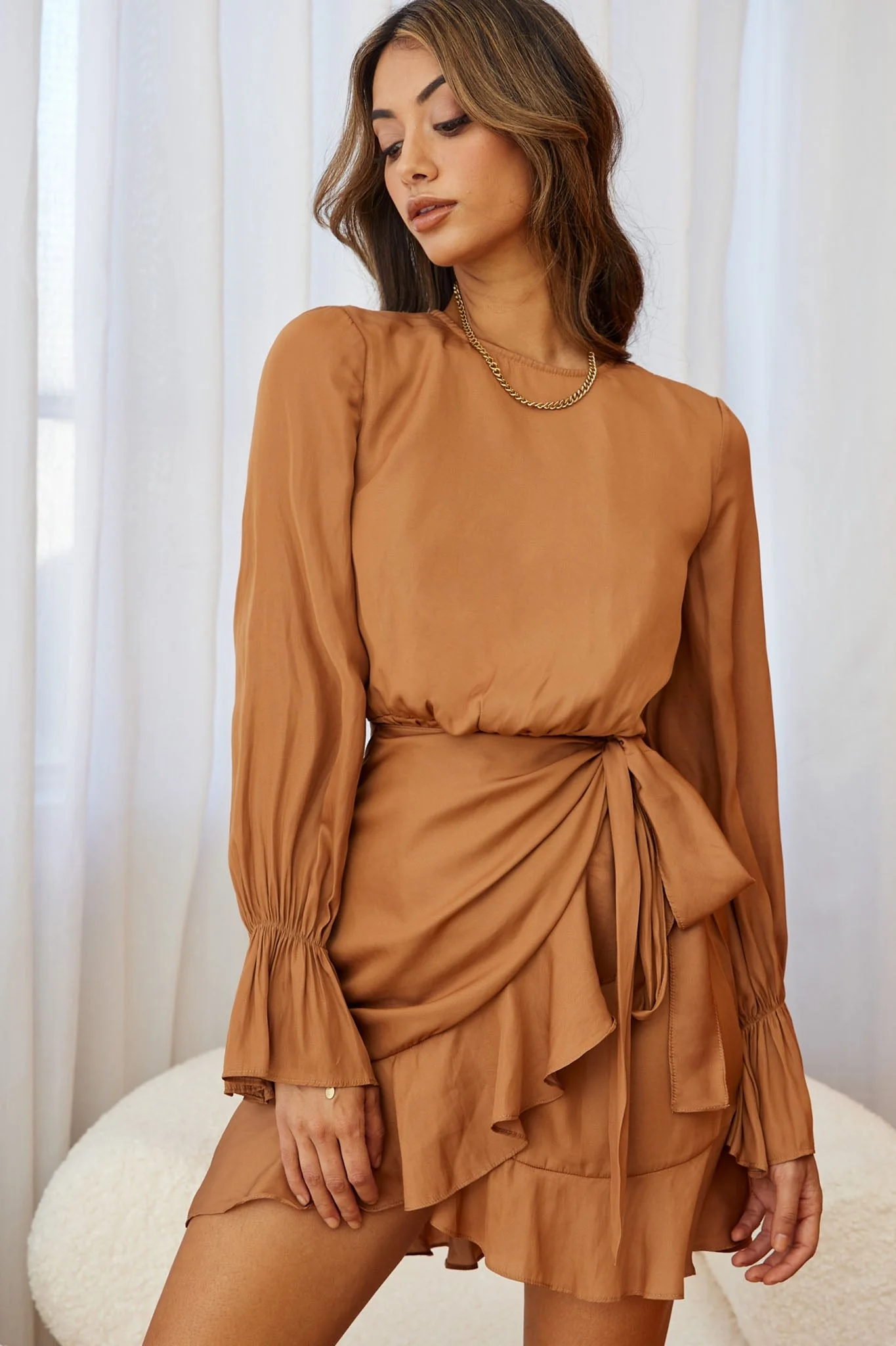 Darla Long Sleeve Satin Dress Tan - Image 9