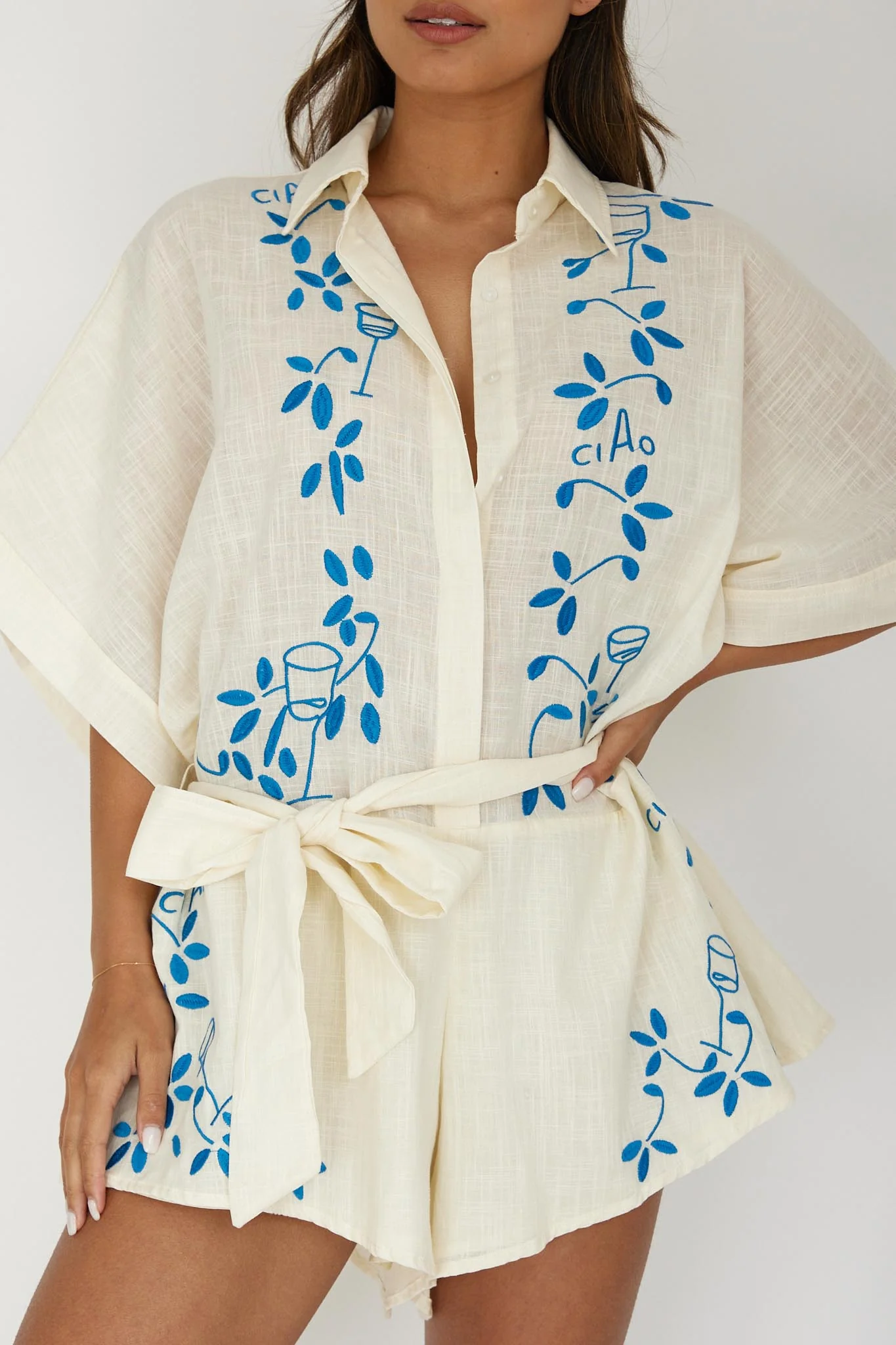 Daytona Beach Button-Up Romper Embroidered Beige - Image 4