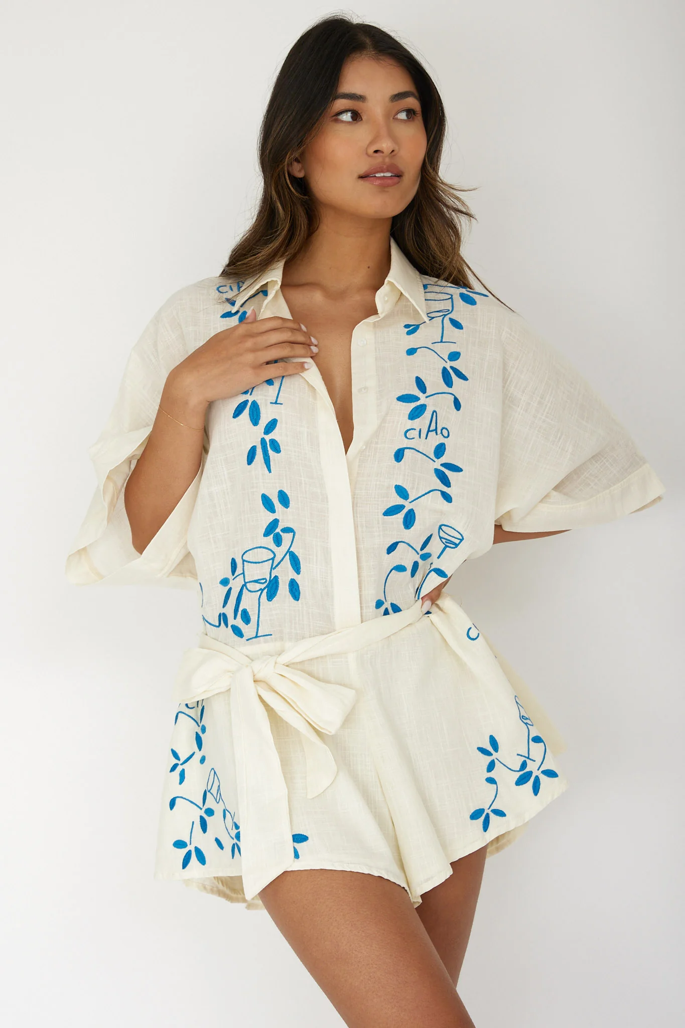 Daytona Beach Button-Up Romper Embroidered Beige - Image 5