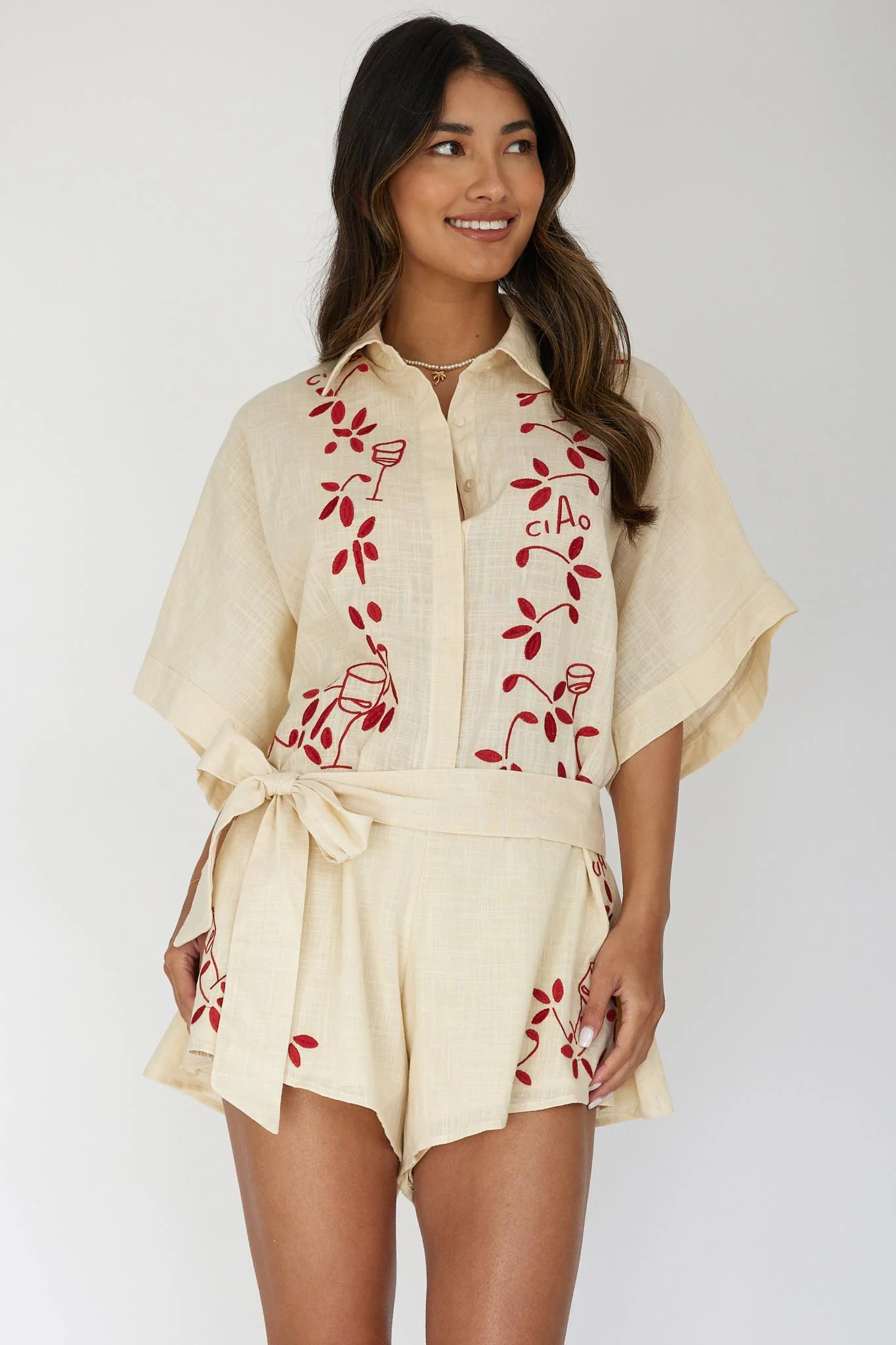 Daytona Beach Button-Up Romper Embroidered Oat - Image 5