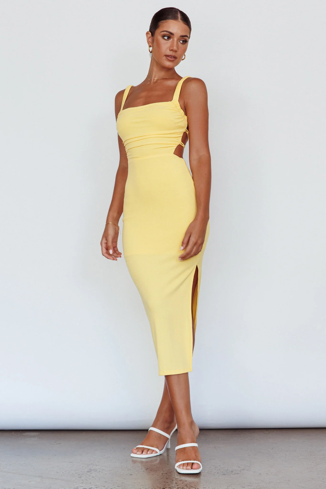 Dream Crush Lace-Up Back Side Split Midi Dress Lemon - Image 3