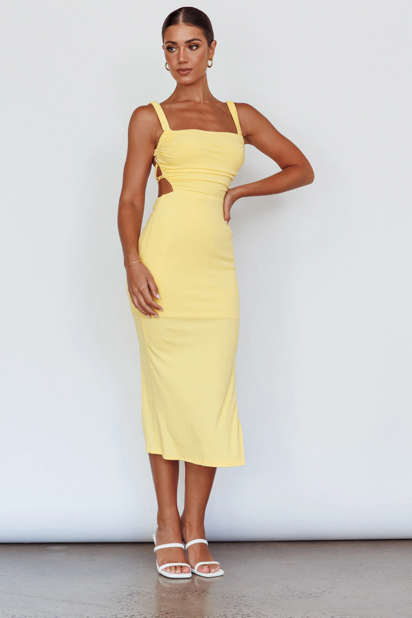 Dream Crush Lace-Up Back Side Split Midi Dress Lemon - Image 4