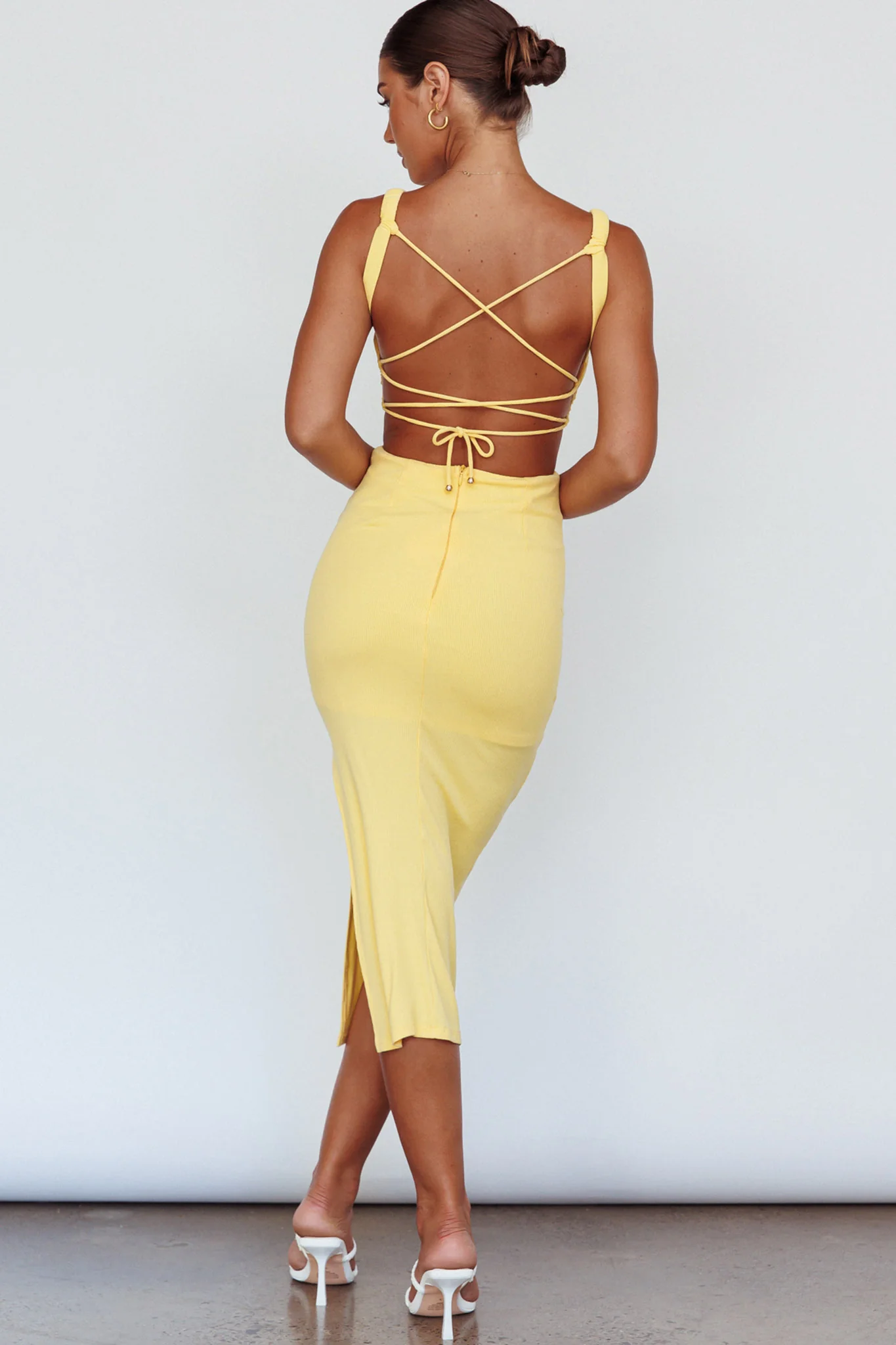 Dream Crush Lace-Up Back Side Split Midi Dress Lemon - Image 8