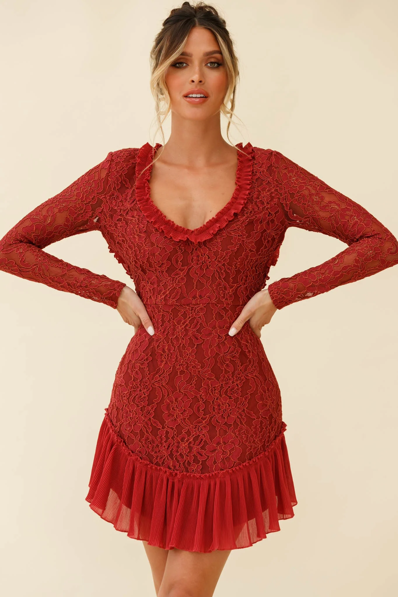 Isabella Long Sleeve Open Back Lace Dress Antique Rose - Image 5