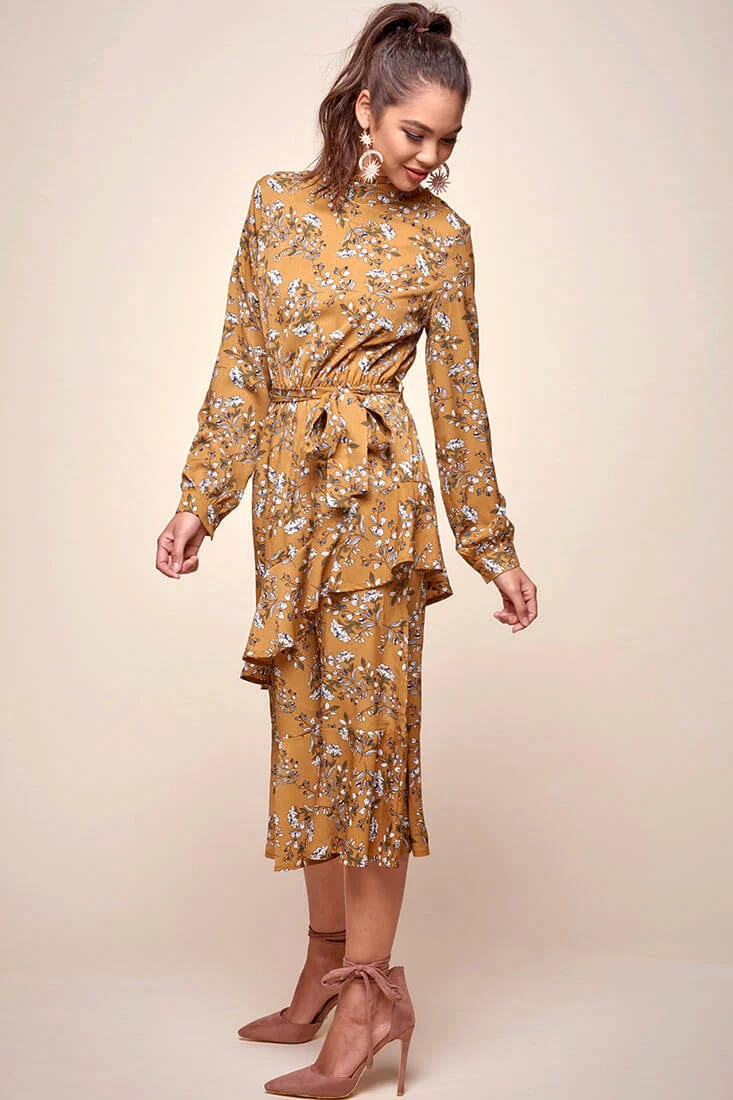 Jackson Waist Tie Bell Sleeve Dress Mustard - Image 3