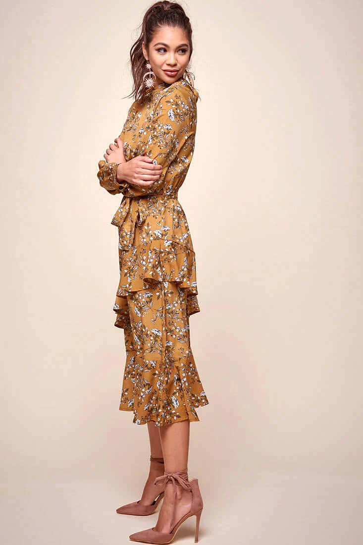 Jackson Waist Tie Bell Sleeve Dress Mustard - Image 4