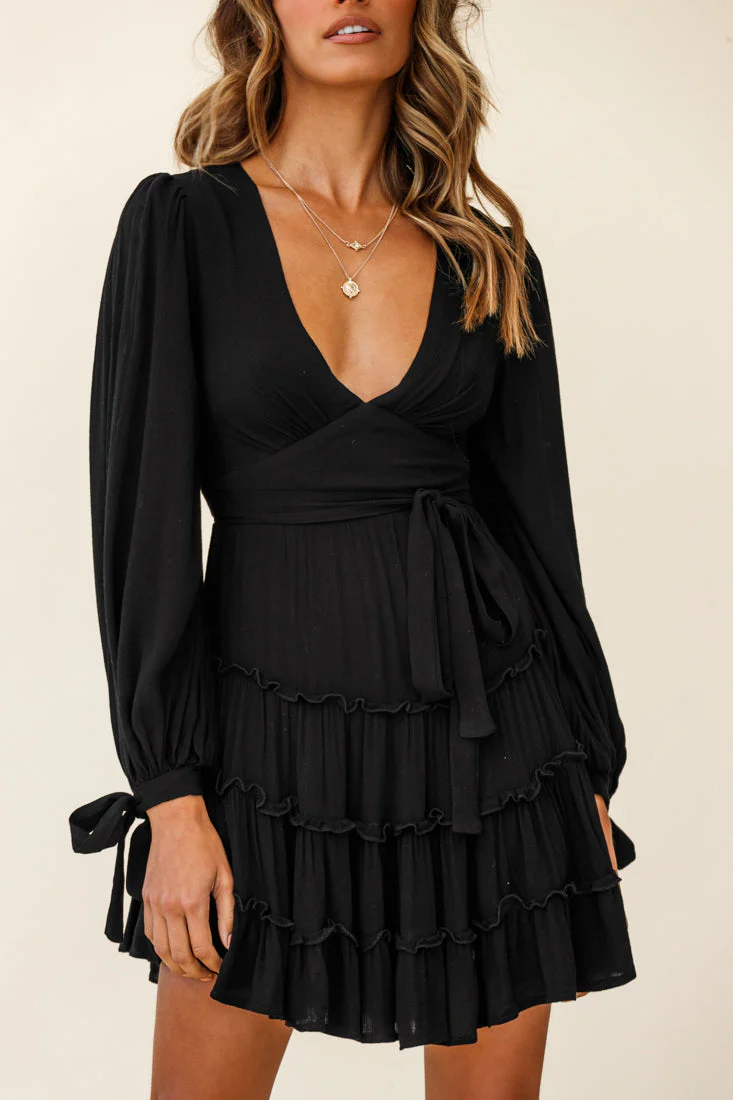Jocelyn Long Sleeve Tied Cuff Frill Dress Black - Image 4