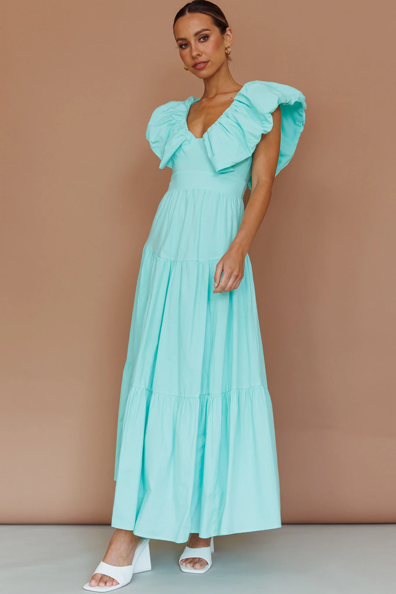Kahlo Puffed Ruffle Neckline Maxi Dress Mint - Image 3