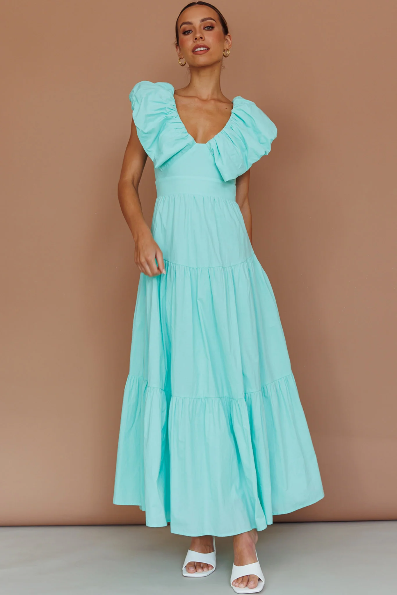 Kahlo Puffed Ruffle Neckline Maxi Dress Mint - Image 4