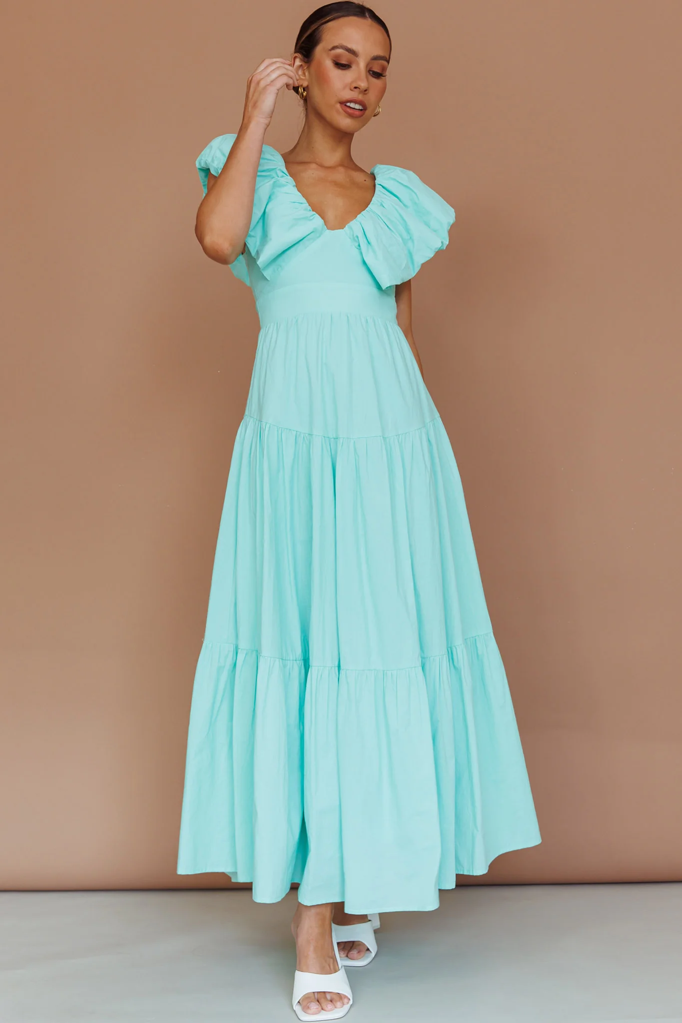 Kahlo Puffed Ruffle Neckline Maxi Dress Mint - Image 5