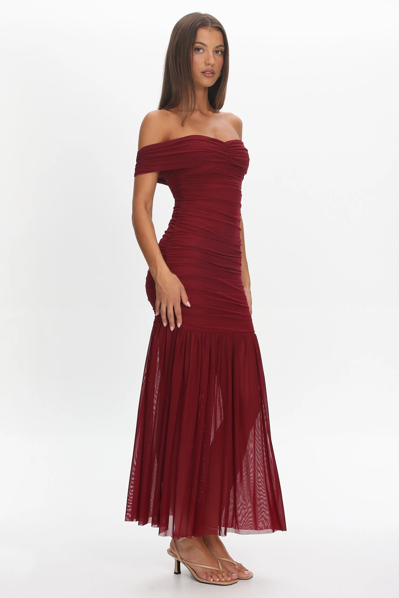 La Salle Off Shoulder Mesh Maxi Dress Wine - Image 3