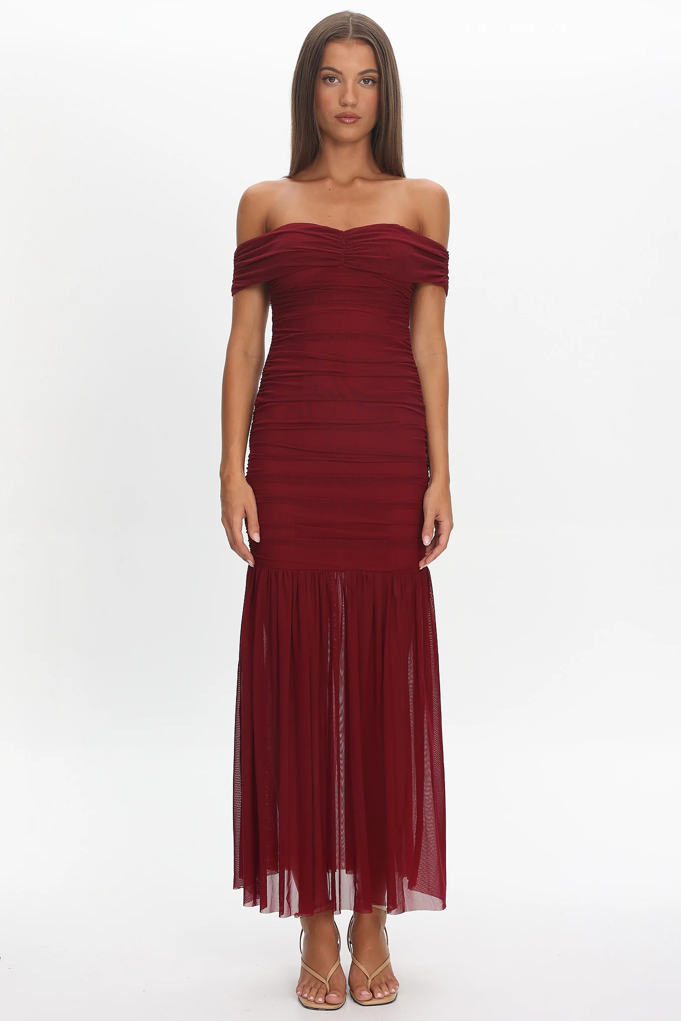 La Salle Off Shoulder Mesh Maxi Dress Wine - Image 6