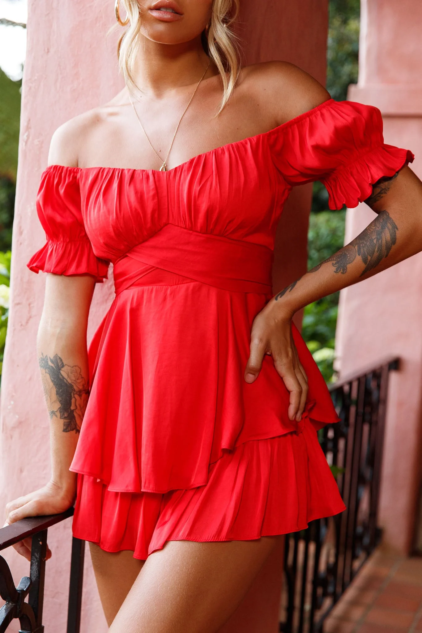 Linka Off-Shoulder Tie Back Romper Red - Image 7