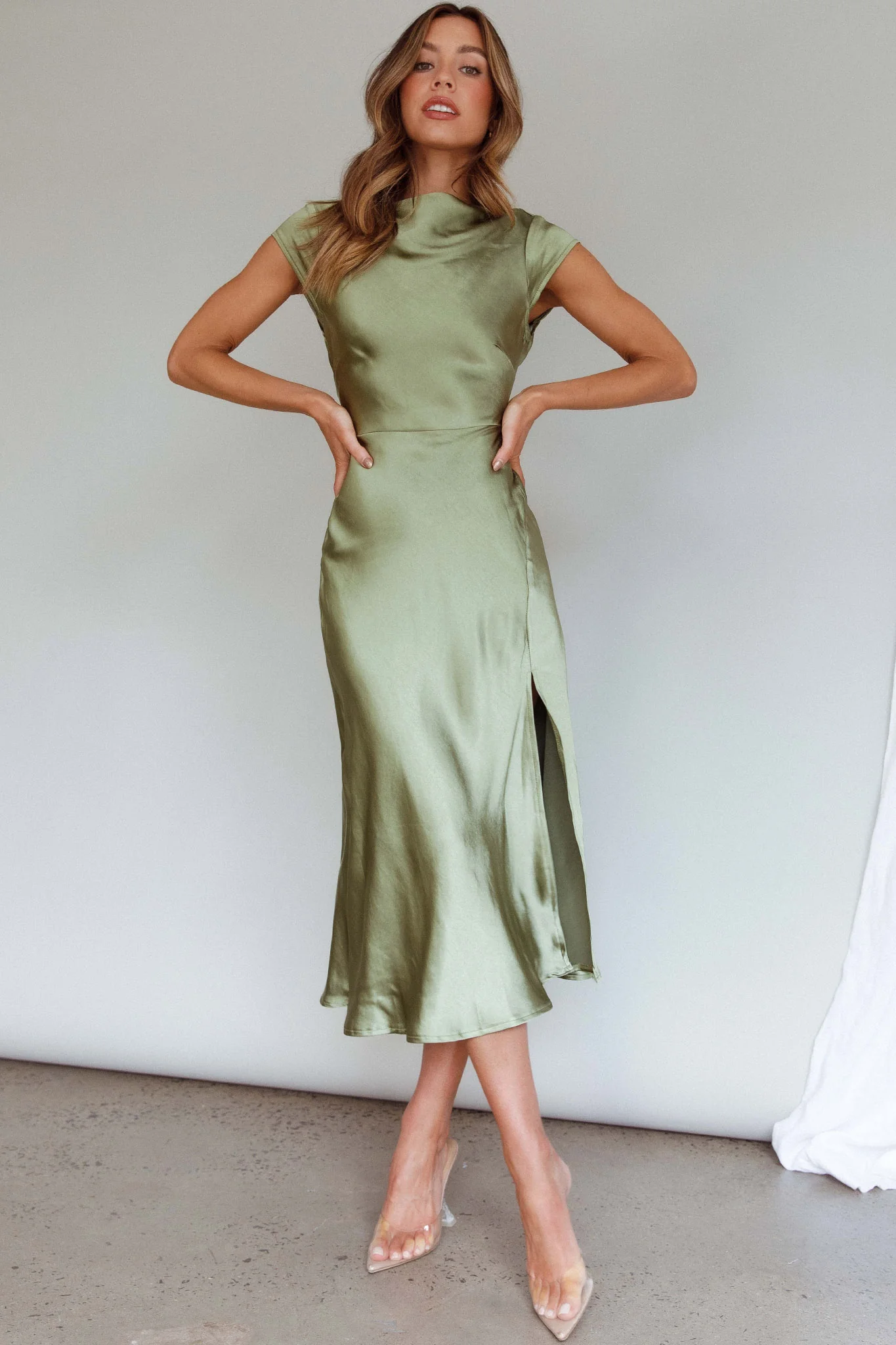 Lucinda Twist Back Midi Dress Olive - Image 3