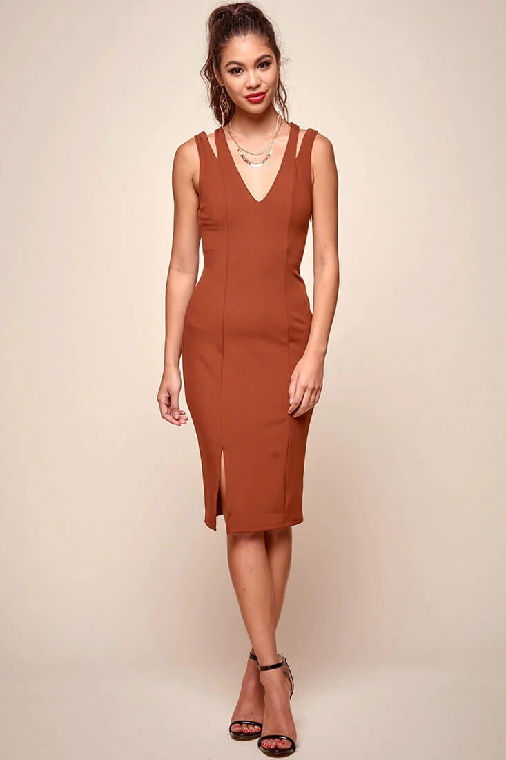 Pope Double Strap Bodycon Midi Dress Brown - Image 5