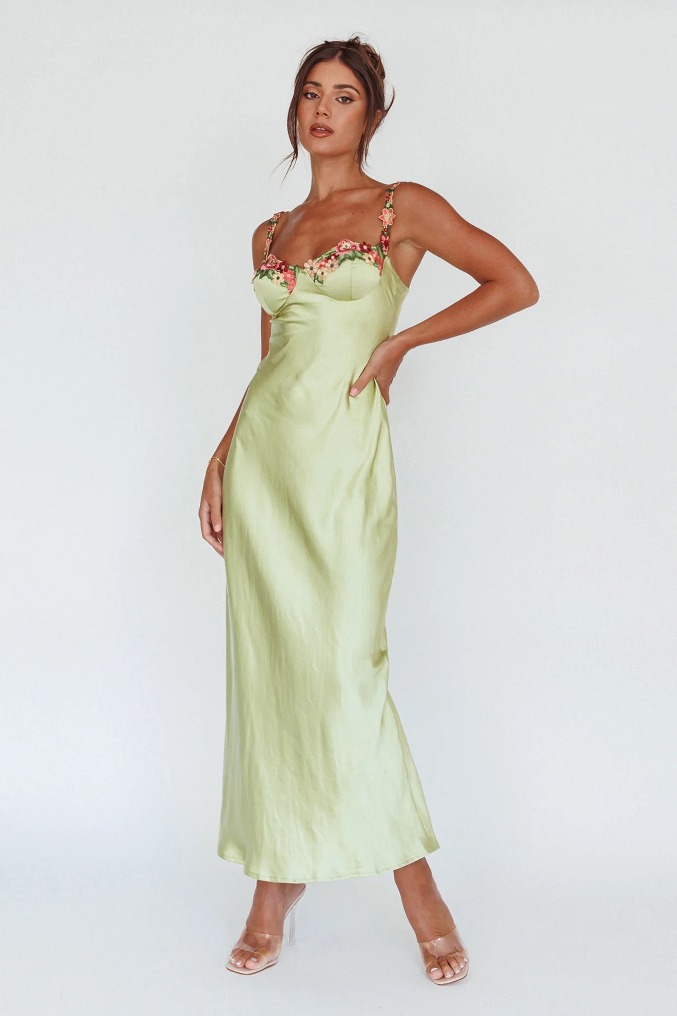 Rose Garden Floral Applique Midi Dress Lime - Image 3