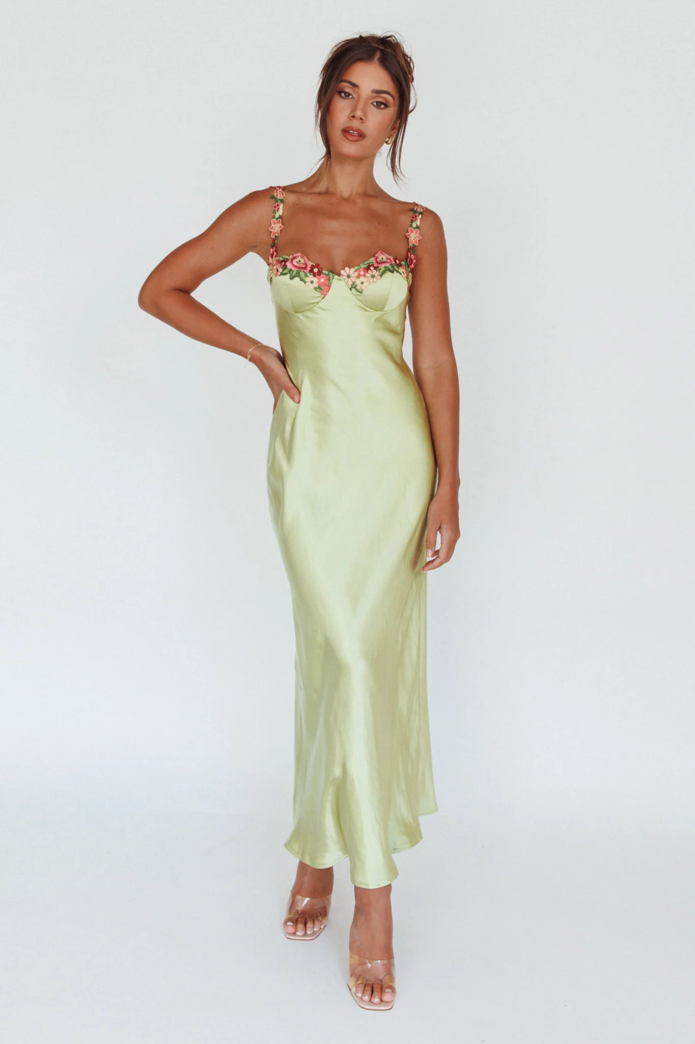 Rose Garden Floral Applique Midi Dress Lime - Image 7