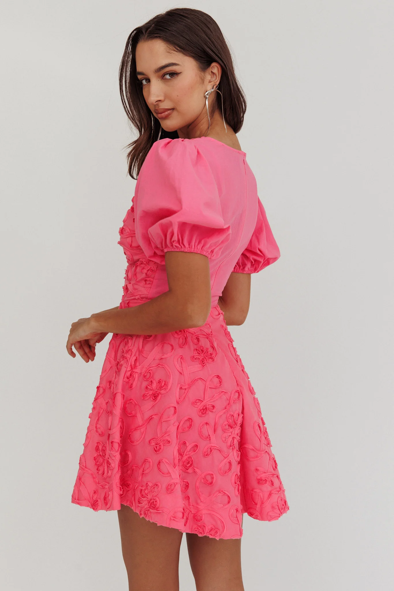 Samsara Puff Sleeve Mini Dress Hot Pink - Image 3