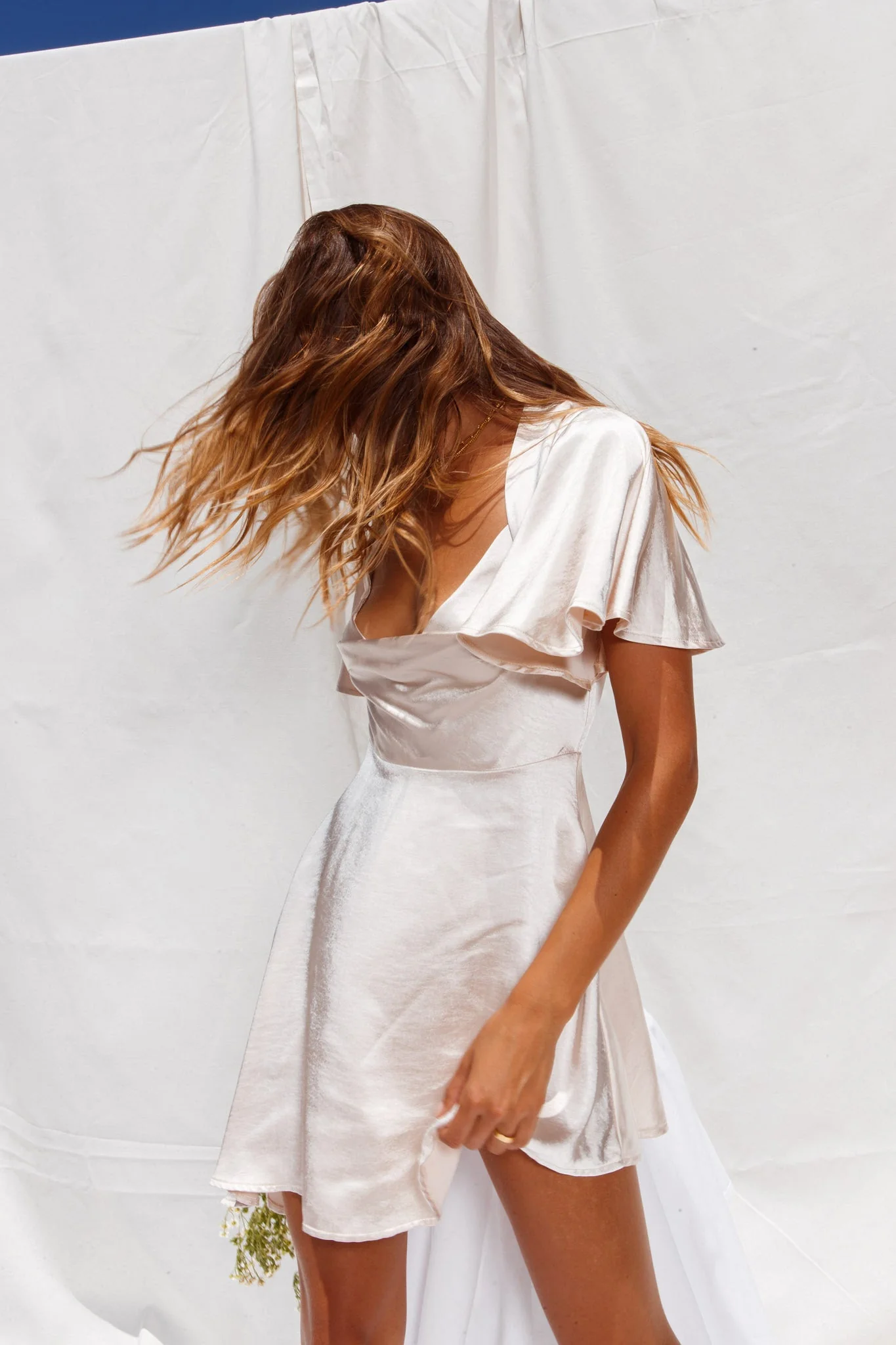 Sydney Angel Sleeve Cowl Neck Satin Dress Champagne - Image 4