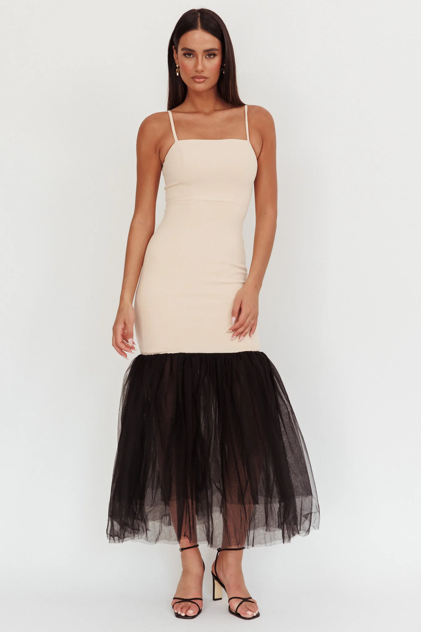 Tomie Tulle Hem Maxi Dress Beige Combo - Image 5