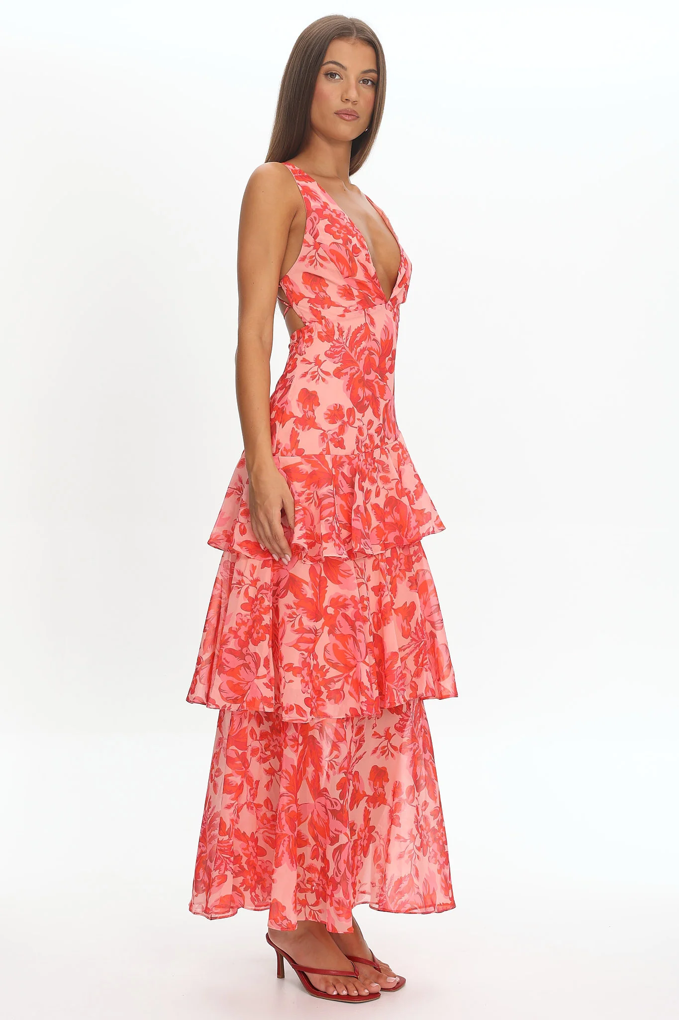 Veda Strappy Back Ruffle Midi Dress Floral Red - Image 3