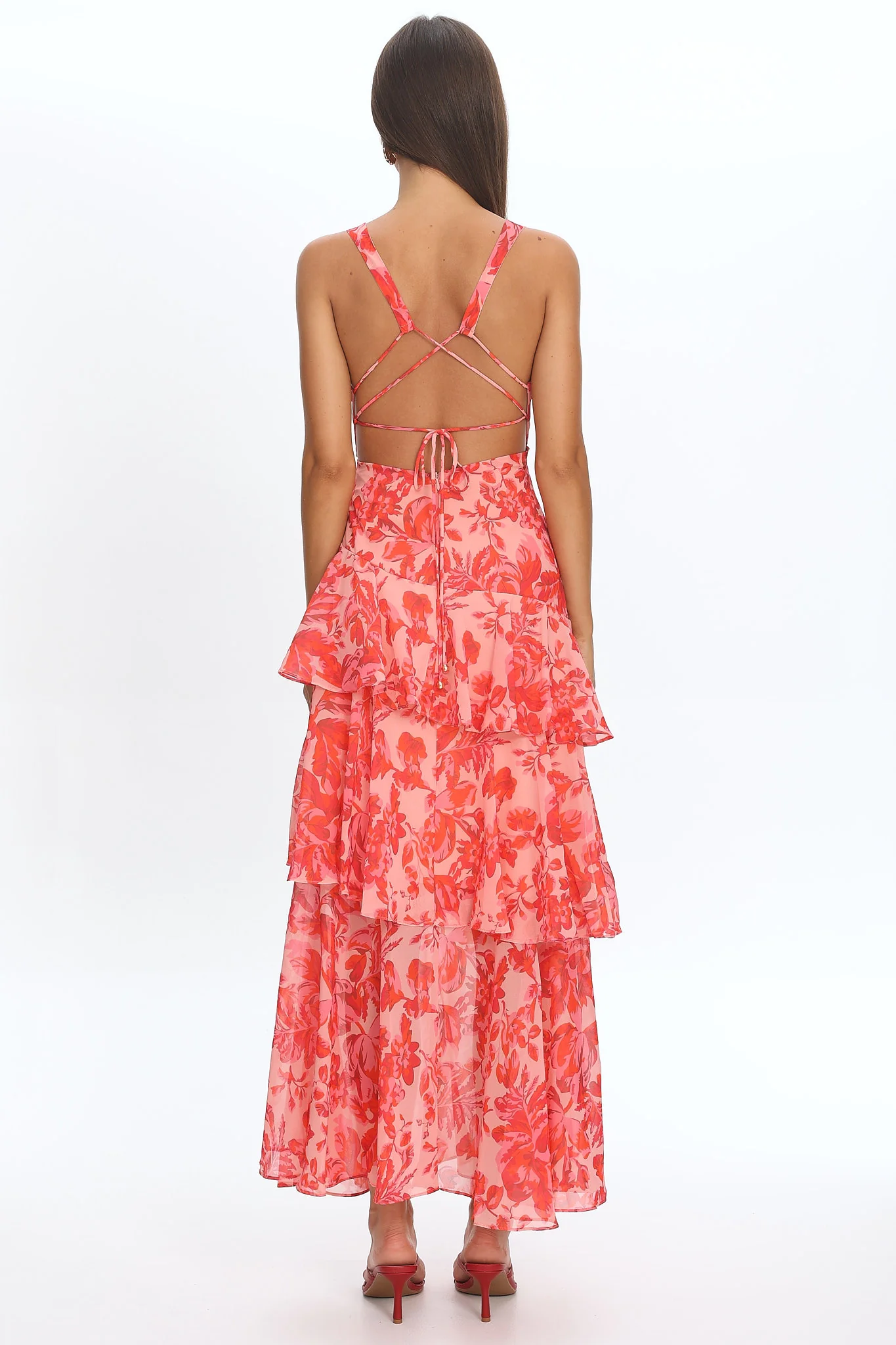 Veda Strappy Back Ruffle Midi Dress Floral Red - Image 4