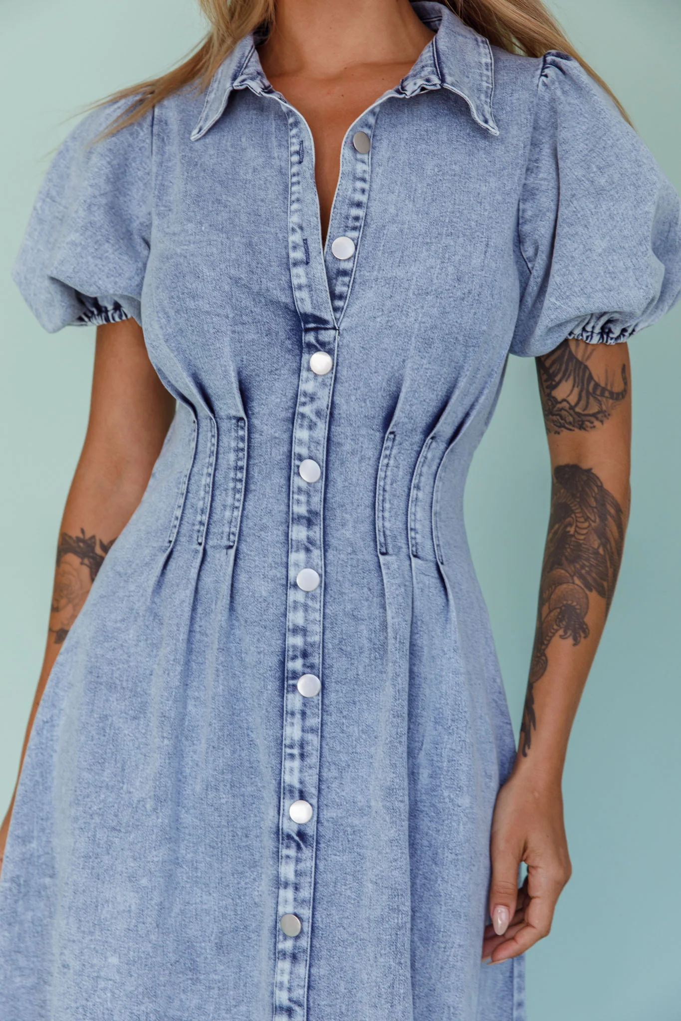 Zurich Pleated Waist Midi Dress Denim Blue - Image 4