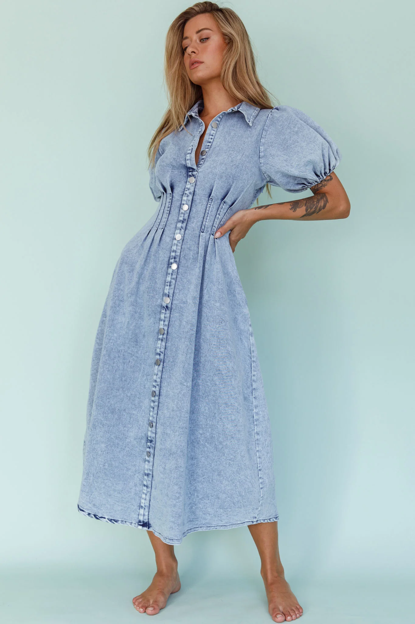 Zurich Pleated Waist Midi Dress Denim Blue - Image 5