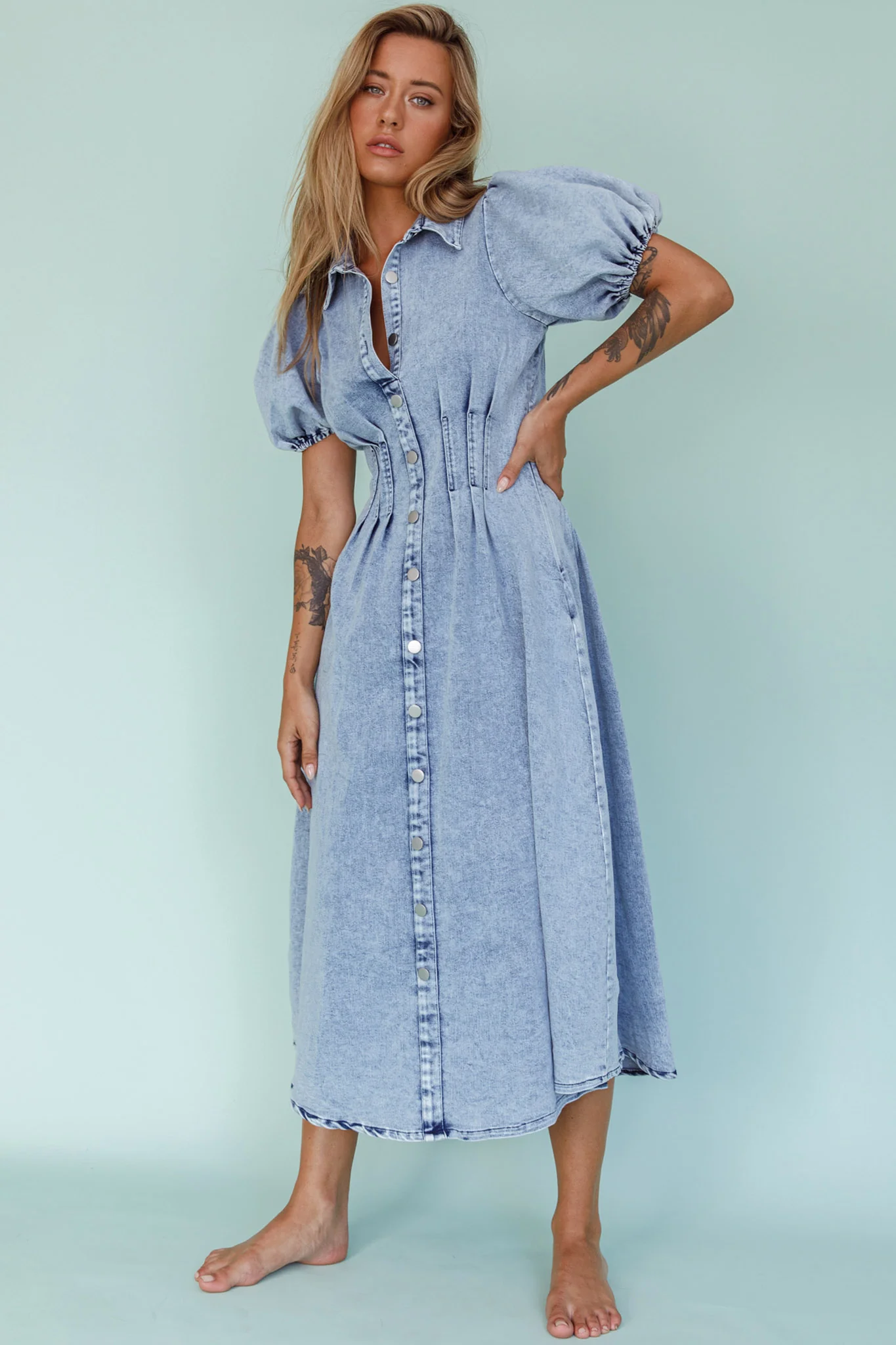 Zurich Pleated Waist Midi Dress Denim Blue - Image 6